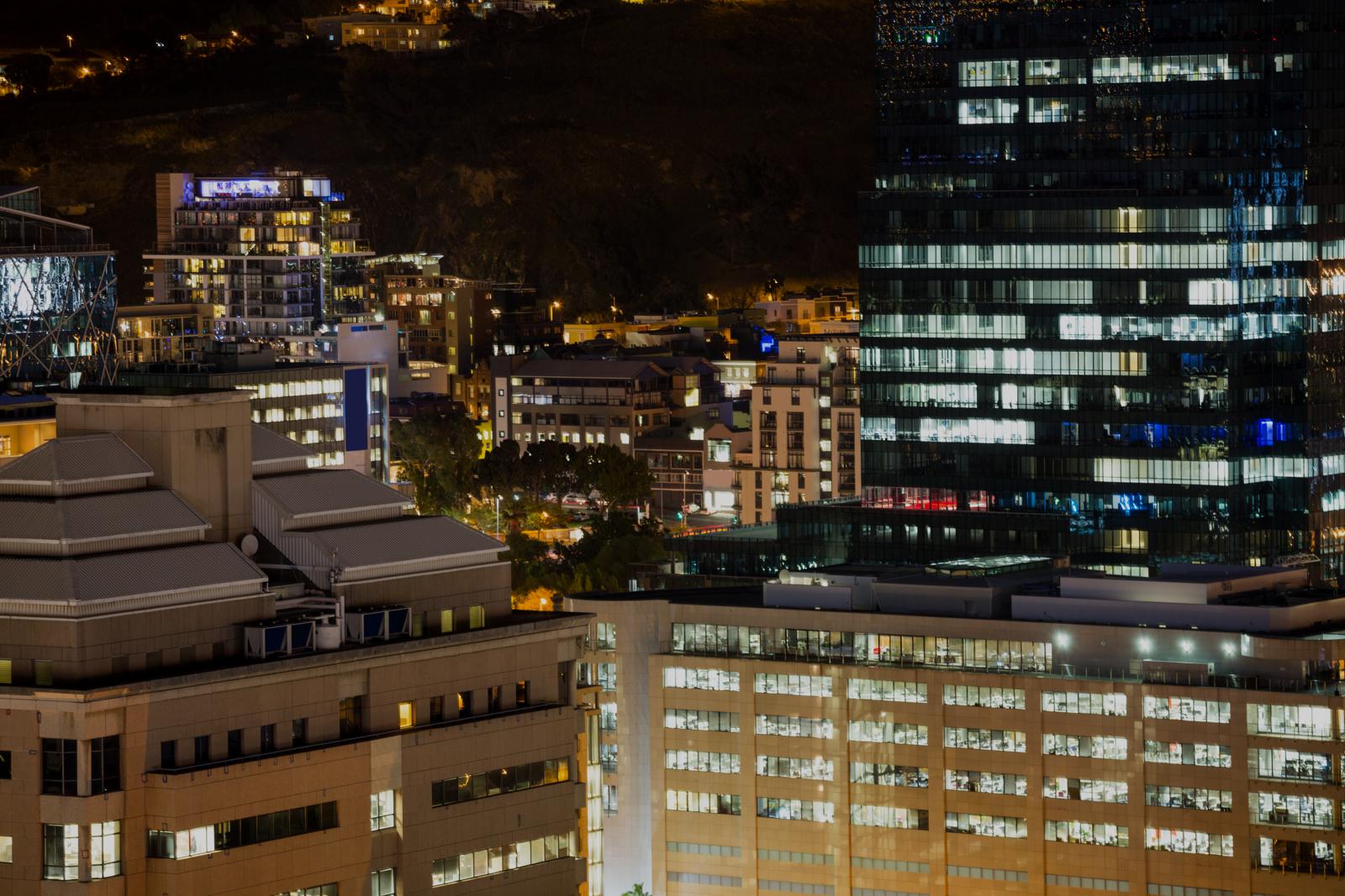 Business district at night from above